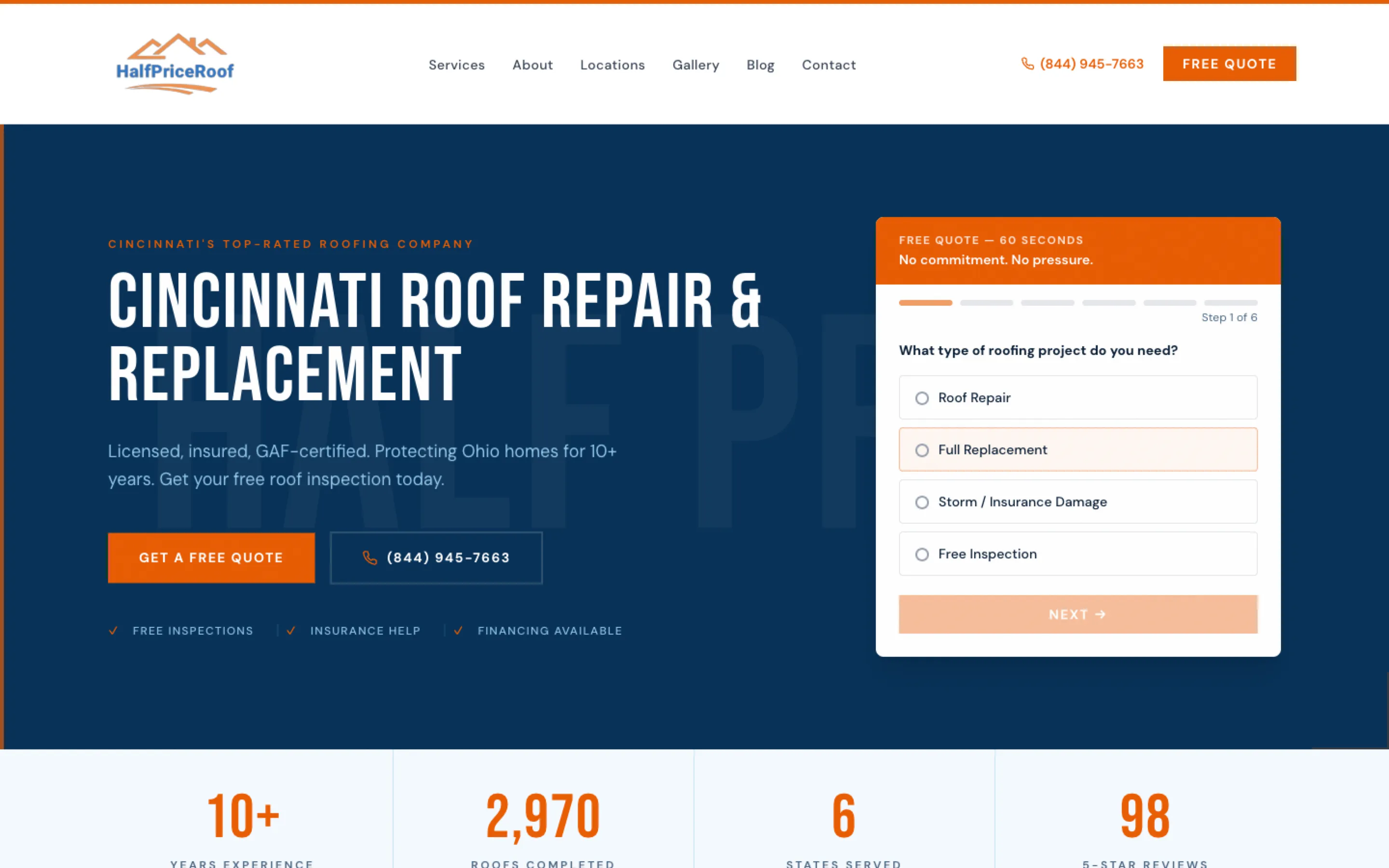 Half Price Roof Cincinnati homepage with qualifier form